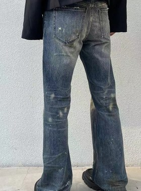 Baseplate 油污脏染破坏水洗做旧立体猫须休闲微喇叭冰蓝色牛仔裤