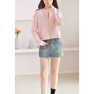 GESGOO休闲外套女小个子2023新款春秋短款显瘦粉色卫衣开衫圆领薄