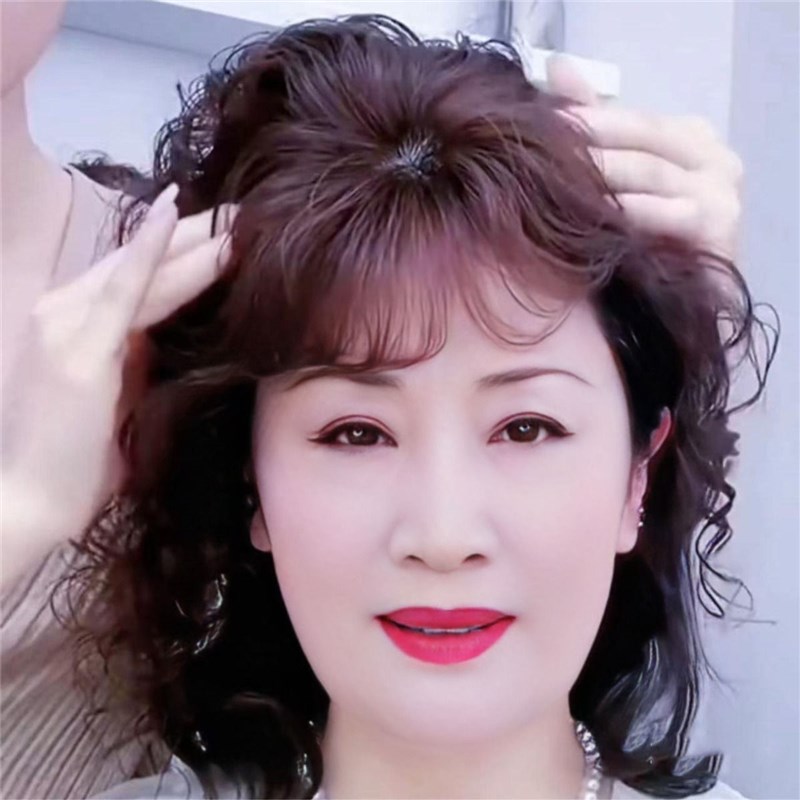 中老年妈妈假发片女头套真人发丝遮白发短卷补发块逼真盖头顶无痕