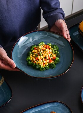 偶鸣家用复古窑变创意陶瓷碗盘10个装网红圆形菜盘日式简约大盘子