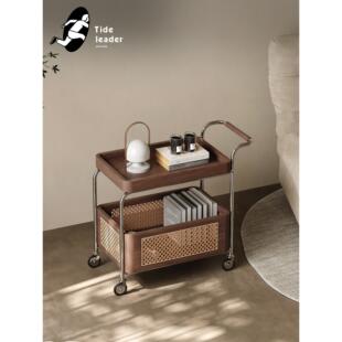 Tide leader复古可移动藤编边几客厅家用侘寂风胡桃木餐车小推车