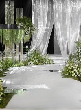 婚纱飘带纱布舞台吊顶装饰白色水光纱布背景纱布帷幕婚礼现场布置