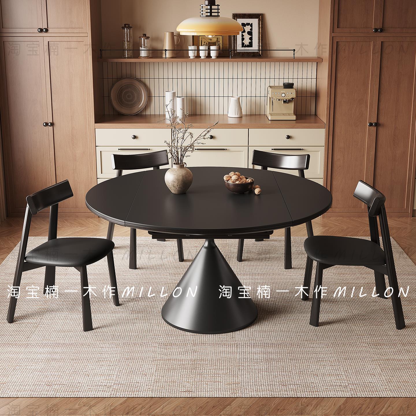 复古岩板伸缩餐桌椅组合现代简约家用小户型方圆两用黑色圆形餐桌