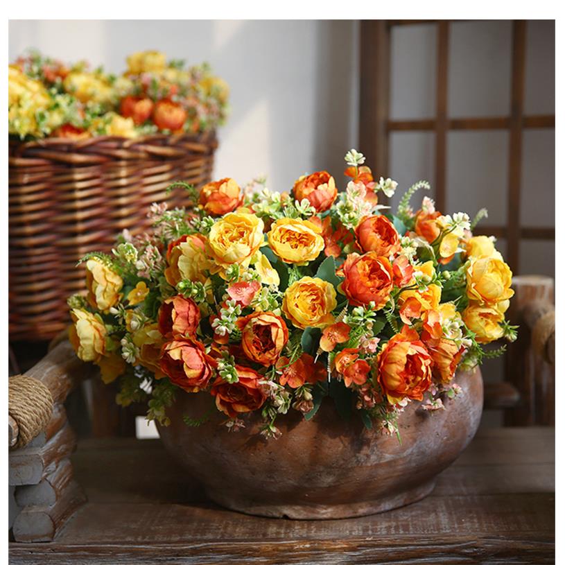 五头秋牡丹花束家居婚庆假花玫瑰餐桌摆花花粉色仿真花摆设仿真花