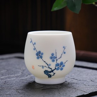 羊脂玉手绘梅花主人杯陶瓷茶具功夫茶具配件个人大号水杯单杯