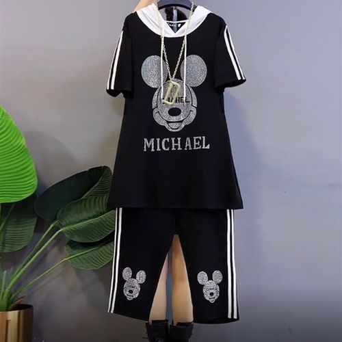 夏季新款胖m大码女装连帽卡通上衣百搭短袖T恤七分休闲裤子两件套