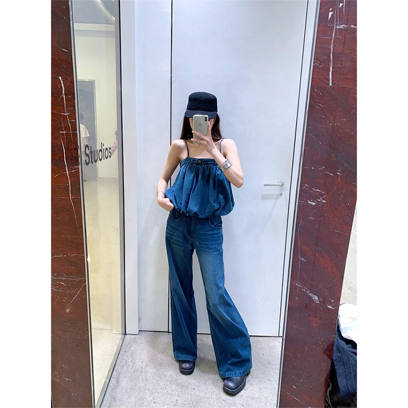 牙套大汪【蓝调土耳其】轻薄柔软吊带宽松阔腿牛仔裤两件套套装女