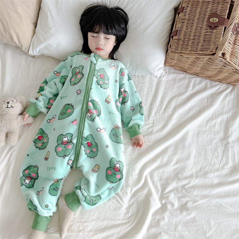 儿童睡袋秋冬男宝卡通恐龙法兰绒防踢被神器女孩分腿式连体睡衣