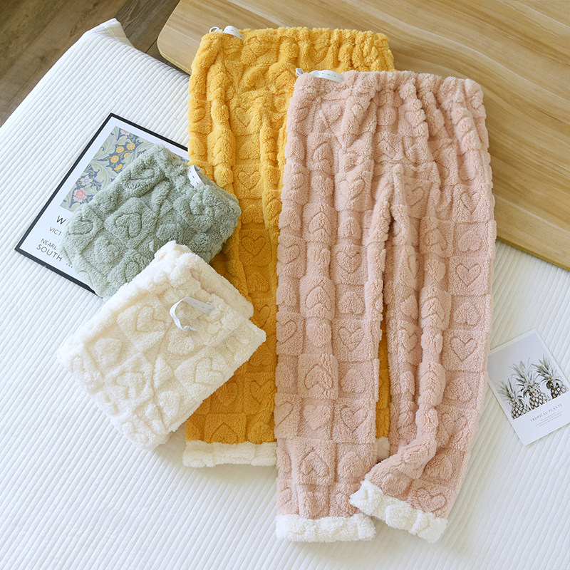 孕妇家居裤秋冬季加厚珊瑚绒睡裤法兰绒月子束脚可调节高腰托腹裤