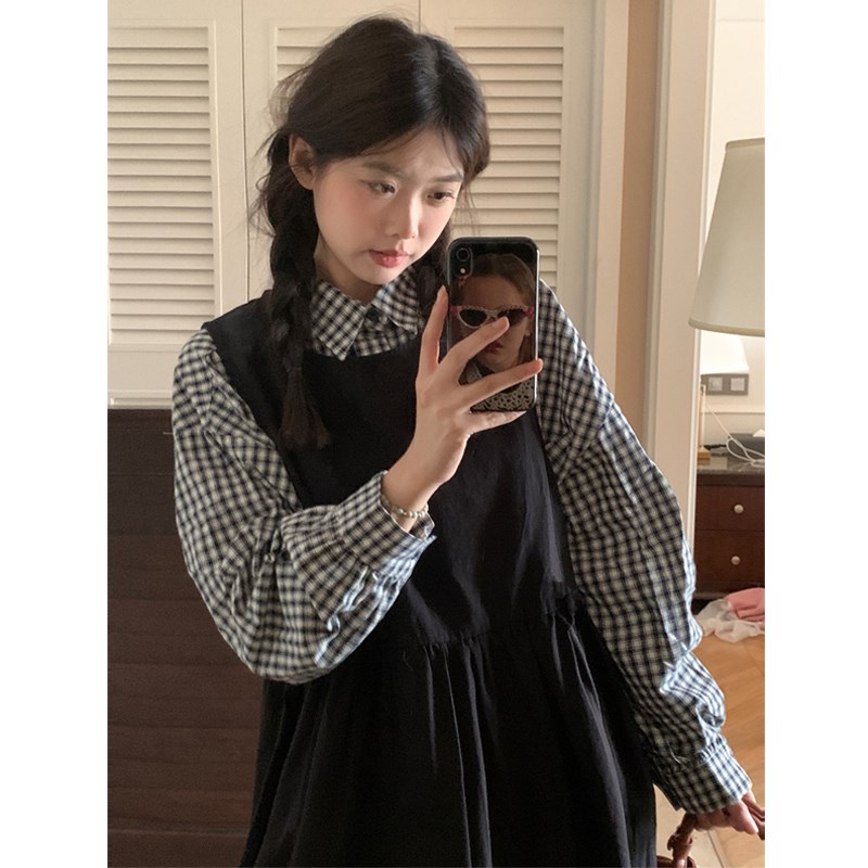 大码女装2024早秋胖mm复古格子衬衫+宽松中长背心连衣裙显瘦套装