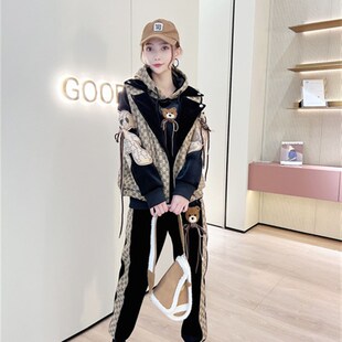 2023秋冬阳光绒棉衣时尚套装女加绒加厚马甲卫衣三件套加大码胖MM