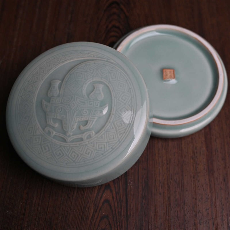 瓦当仿古青瓷印泥盒书法国画印章篆刻印泥存储陶瓷缸瓷盒永奉无疆