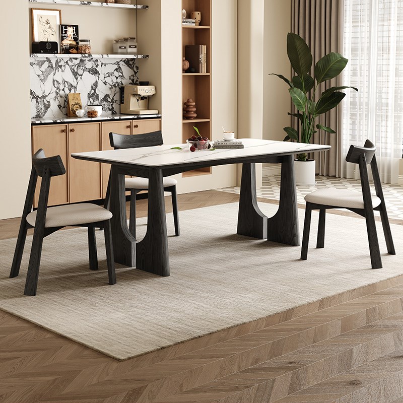 2024新款复古简约长方形岩板餐桌椅法式奶油风实木小户型家用饭桌