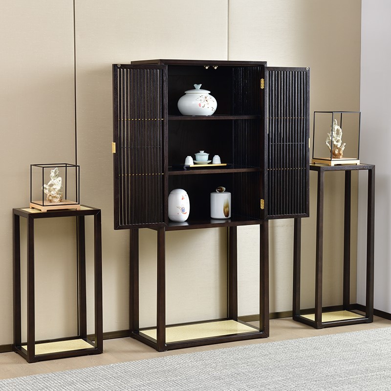 实木酒柜高脚柜客厅2023新款带灯小新中式装饰柜白蜡木餐边储物柜