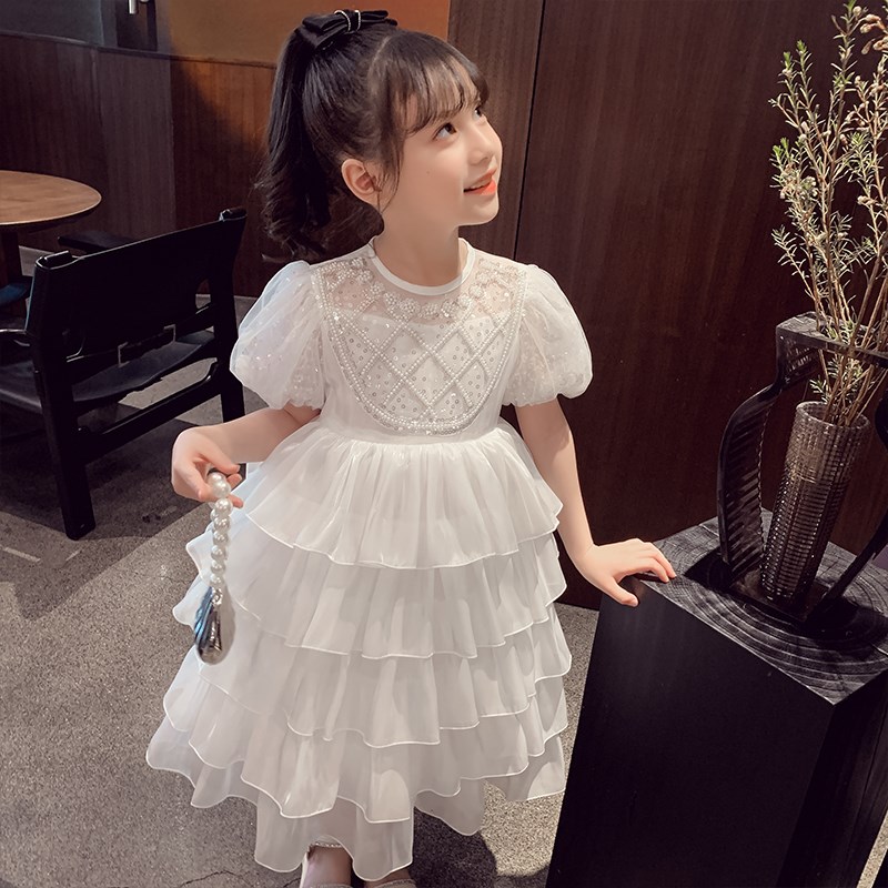 女童连衣裙夏装2024新款洋气儿童网纱蛋糕裙中大童珍珠蓬蓬公主裙