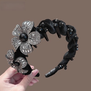 【限时立减50】韩版新款秋冬丝绒满钻花朵带齿发箍女高颅顶头箍jx