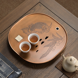 紫铜茶盘 手工干泡茶台功夫茶具配件 蓄水大号方形茶托 储水壶承G