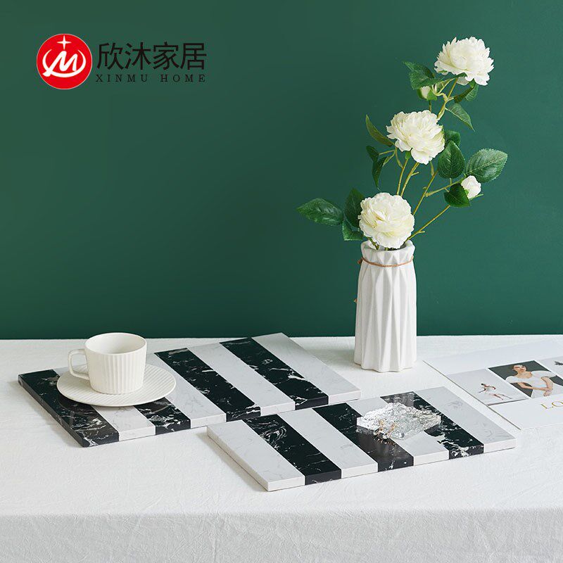 现代大理石托盘黑白拼接条纹平盘圆形茶盘果盘盘家居