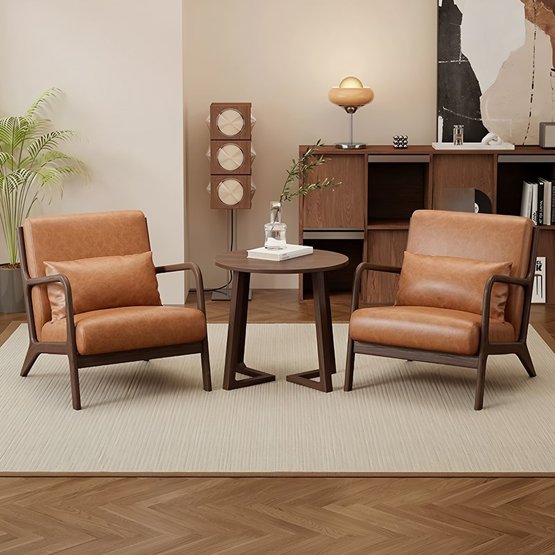 简约实木单人沙发椅防污耐磨皮办公会客接待咖啡休闲茶几组合桌椅