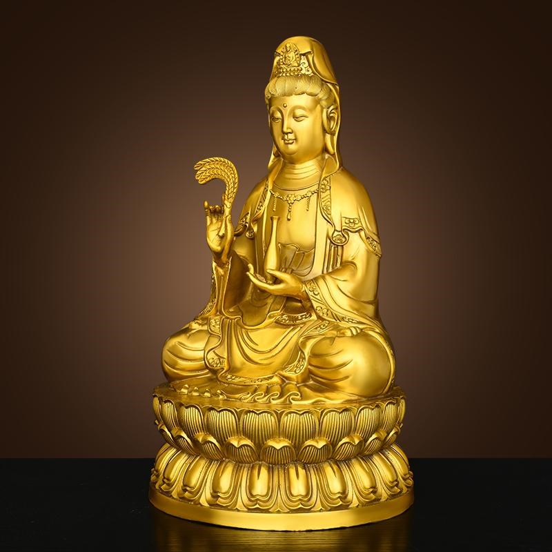 纯黄铜观音菩萨摆件家用佛堂供奉柳枝观音坐莲花净瓶观世音菩萨像