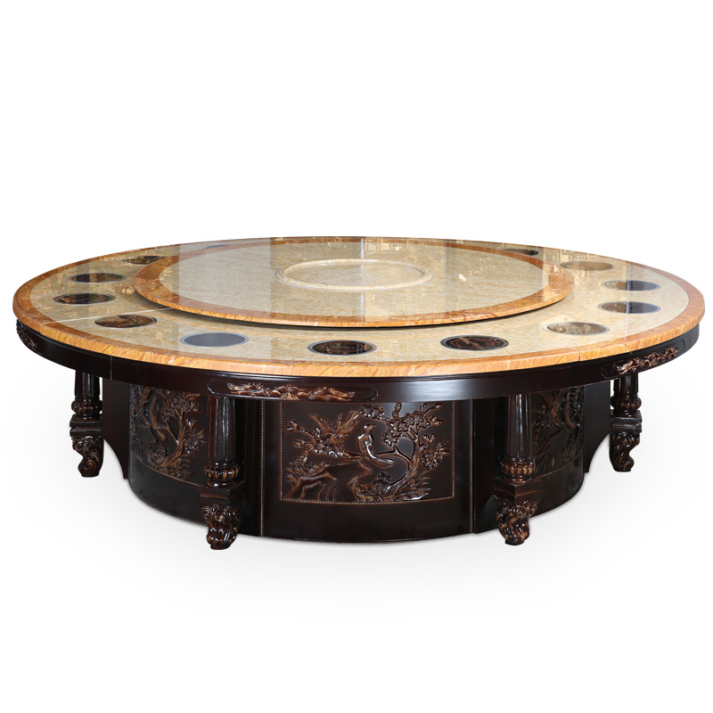 酒店电动餐桌 层大理石自动转盘餐桌电磁炉火锅桌电动大圆桌