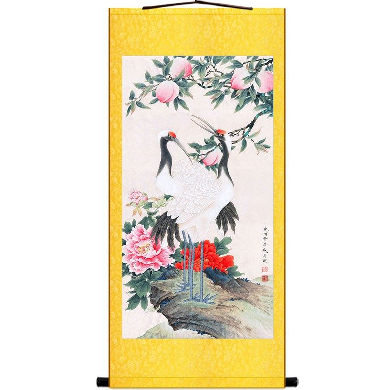 寿桃仙鹤图卷轴挂画 贺寿祝寿礼品 玄关客厅装饰画丝绸画