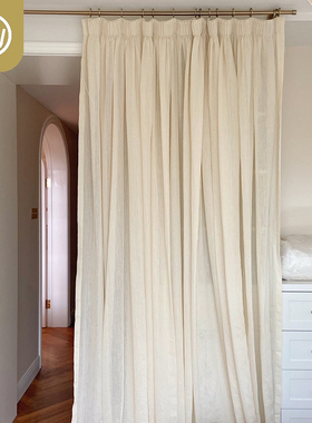 法式复古亚麻纱竖纹奶白色纱帘高透雪纺纱