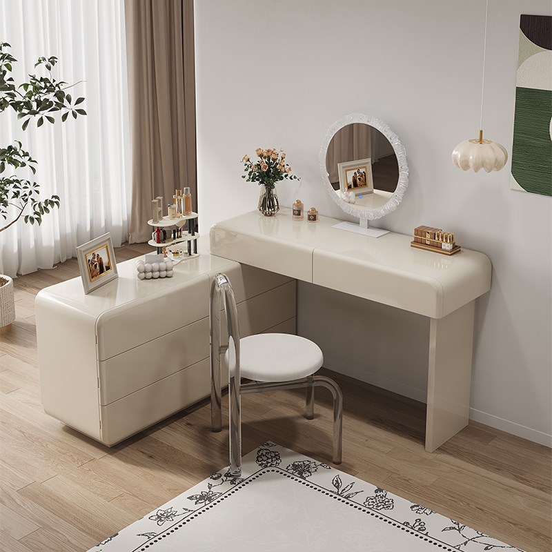 钢琴烤漆实木梳妆台六抽大容量化妆桌卧室简约现代奶油风一体柜