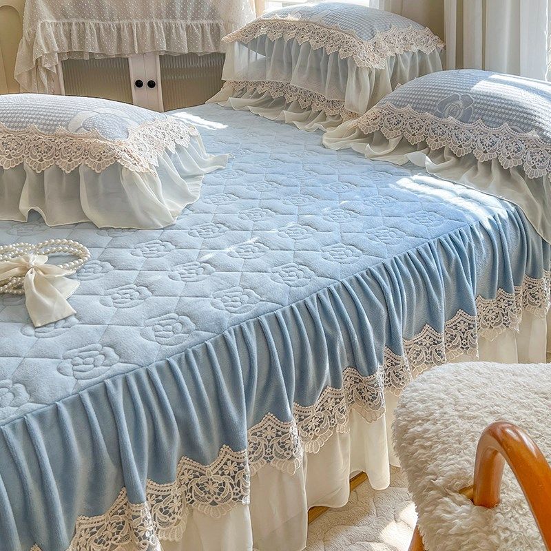 床裙单件公主风牛奶珊瑚绒夹棉加厚花边床罩款床单带裙边床围裙罩