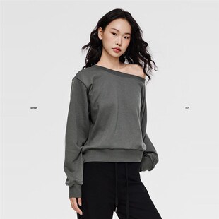 asomesome美式斜肩长袖短款露肩卫衣女2025春季宽松休闲套头上衣