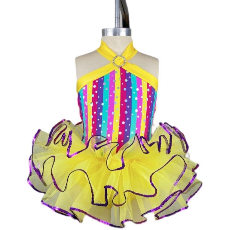 新款儿童演出服节日舞蹈比赛舞台表演服七彩亮片蓬蓬纱裙芮其儿