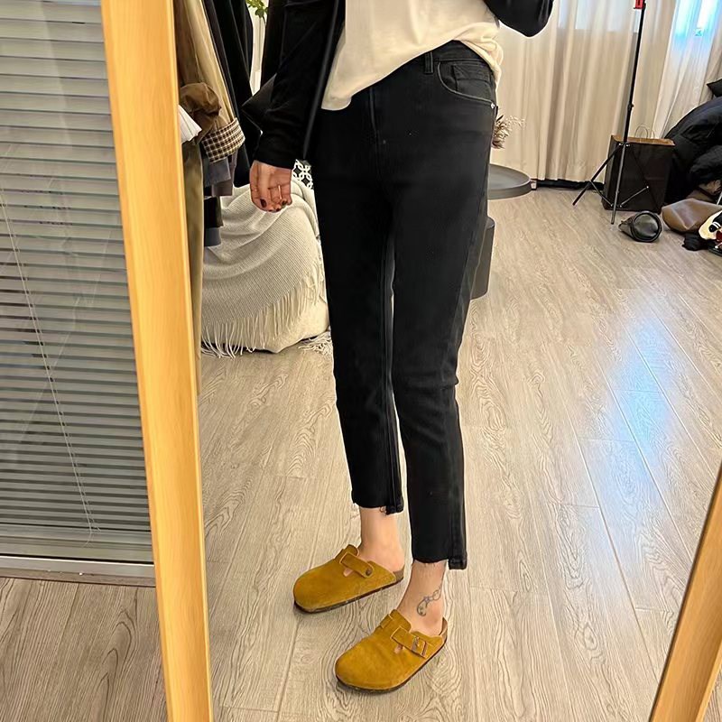 秋冬新款薄绒大码弹力小直筒牛仔裤女胖妹妹八分高腰显瘦烟管裤子