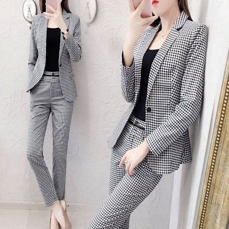 春秋新款时尚洋气职业格子西装套装女气质长袖西服裤子两件套2024