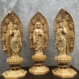 加拿大桧木雕贴金款东方三圣药师佛日光菩萨月光菩萨供奉佛像摆件