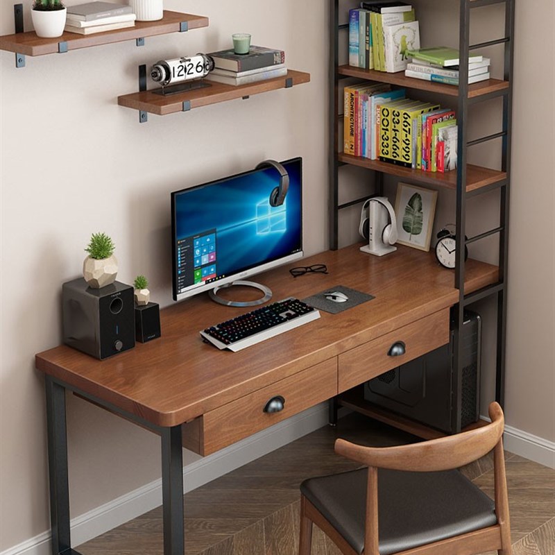 北欧电脑台式桌实木家用铁艺书桌书架组合写字办公桌书柜书桌一体