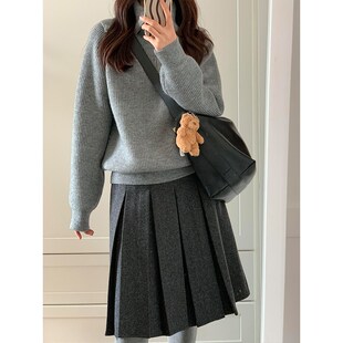 格雷系灰色毛呢中裙大码到膝盖半身裙女胖mm显瘦小个子a字百褶裙