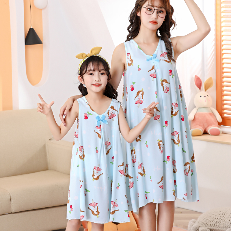 亲子睡裙棉绸儿童睡衣连衣裙家居裙子女童女孩夏季薄款背心裙大童