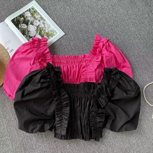 女童甜美短袖衬衫小女孩宫廷风方领花边上衣儿童短款修身露脐衫夏