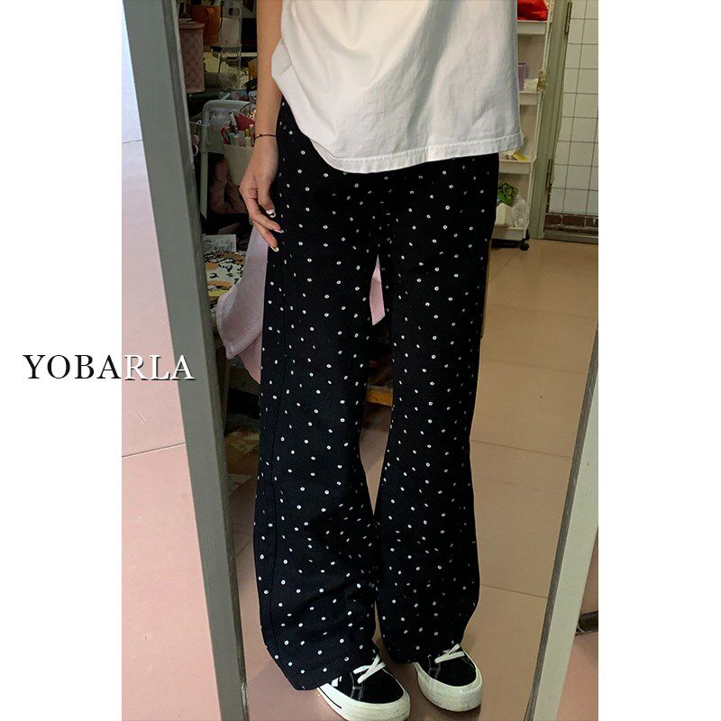黑色波点休闲裤女夏季新款高腰大码胖mm宽松显瘦梨形身材阔腿裤子