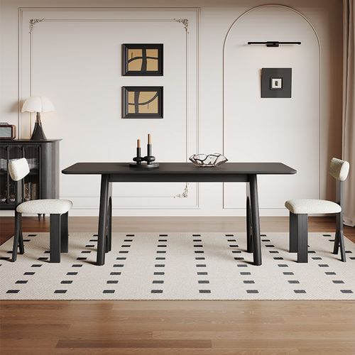 黑色岩板餐桌长方形现代简约全托底板家用2024新款复古风实木餐桌