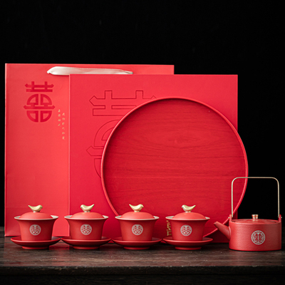 敬茶杯结婚一对女方陪嫁新娘改口茶具套装婚礼大全红色盖碗两对