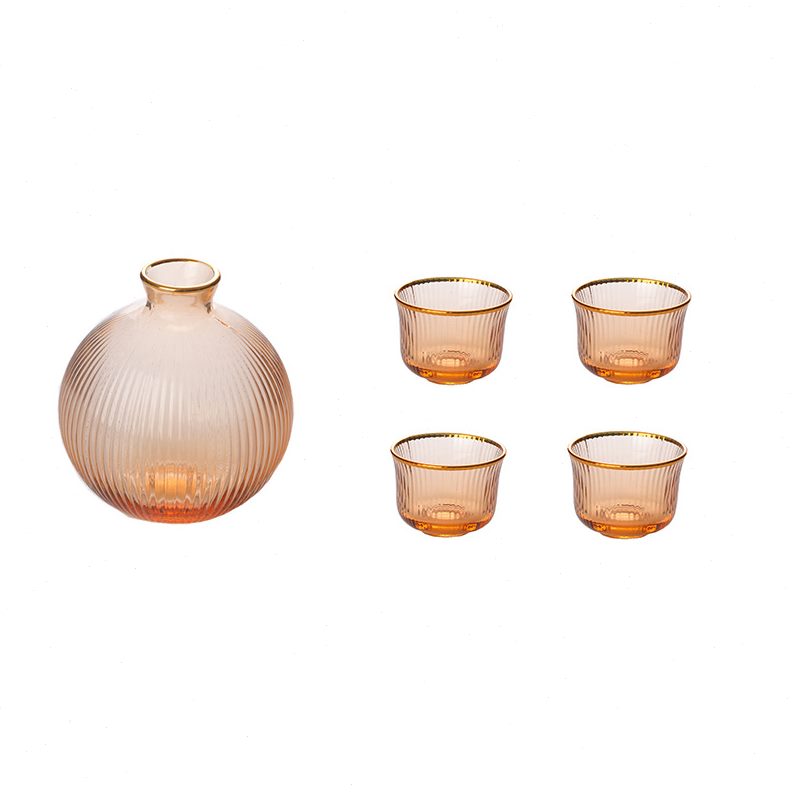 绿典 日式竖条纹香槟色金边玻璃清酒具套装一壶四杯 清酒壶分酒器