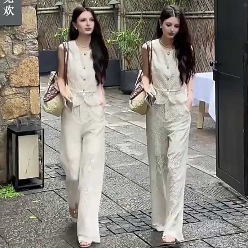 女神范时尚蕾丝套装女2024夏高级感气质无袖上衣直筒阔腿裤两件套