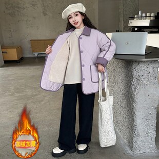 女童秋冬夹棉外套2024新款女大童冬装加厚一体绒棉服儿童轻薄棉衣