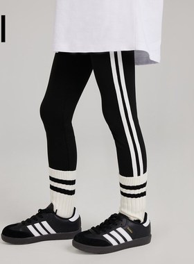 ei童装女童打底裤秋装新款儿童外穿长裤双杠白边拼接紧身裤