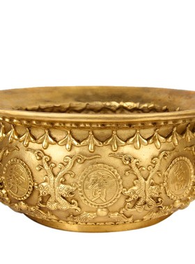 厚德居 黄铜款铜双龙开口聚宝盆摆件铜盆客厅玄关店铺开业礼品