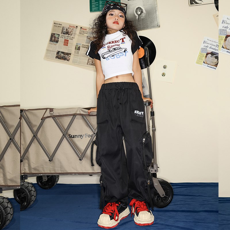 爵士舞服装女童时髦潮酷上衣工装裤套装少儿童jazz舞蹈演出服夏季