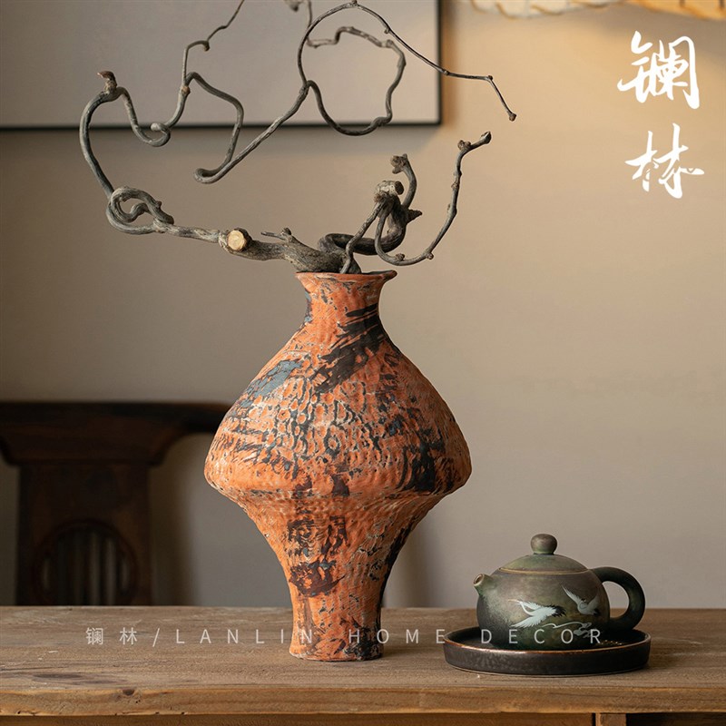 景德镇复古粗陶花瓶插花手工民宿侘寂风干花禅意粗陶摆件敦煌冷香