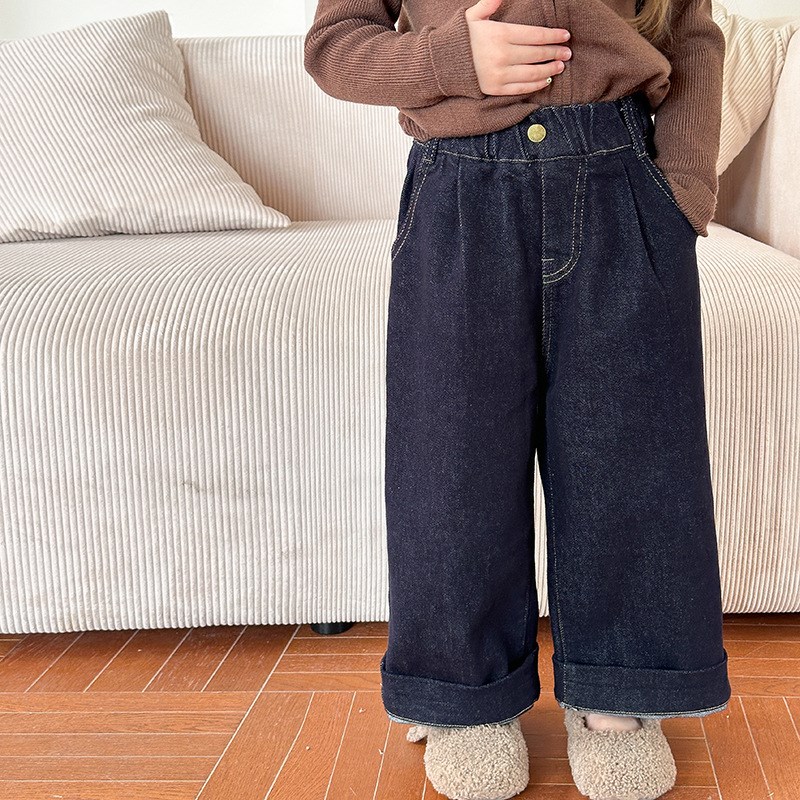 女童薄绒牛仔裤秋冬抓毛磨毛绒宽松阔腿裤儿童环保护色直筒裤长裤