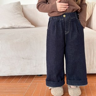 女童薄绒牛仔裤秋冬抓毛磨毛绒宽松阔腿裤儿童环保护色直筒裤长裤